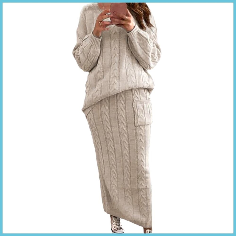 Polyester Chunky Cable Knit Sweater and Skirt Set, Slim Fit